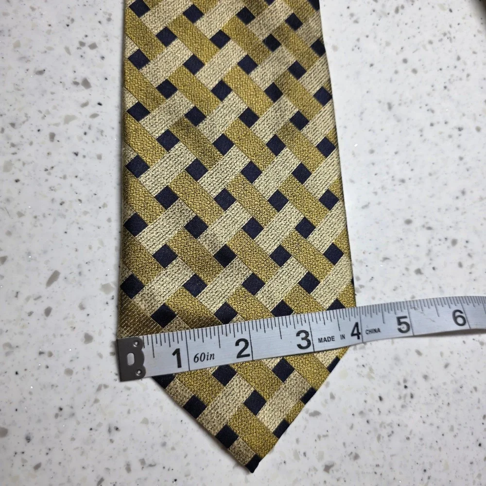 DeSantis Hand Made Mens Silk Tie Gold‎ Navy Geometric Weave